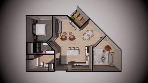 Floor plan for 1 bed, 1 bath, 964 sqft